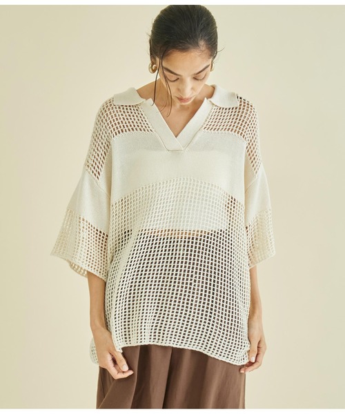 Settimissimo（セッティミッシモ）の「スクエアメッシュ ポロカラー ハーフスリーブ プルオーバー（Tシャツ/カットソー・レディース・アイボリー/ブラック・FREE）」の5枚目の写真