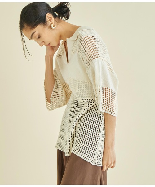 Settimissimo（セッティミッシモ）の「スクエアメッシュ ポロカラー ハーフスリーブ プルオーバー（Tシャツ/カットソー・レディース・アイボリー/ブラック・FREE）」の6枚目の写真