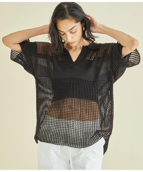 Settimissimo（セッティミッシモ）の「スクエアメッシュ ポロカラー ハーフスリーブ プルオーバー（Tシャツ/カットソー・レディース・アイボリー/ブラック・FREE）」の12枚目の写真