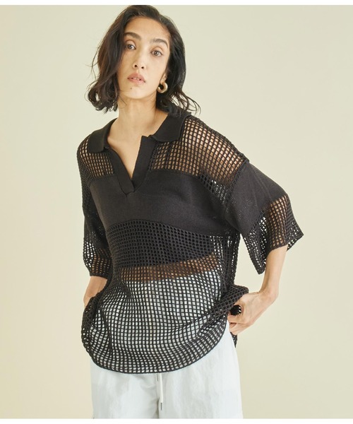 Settimissimo（セッティミッシモ）の「スクエアメッシュ ポロカラー ハーフスリーブ プルオーバー（Tシャツ/カットソー・レディース・アイボリー/ブラック・FREE）」の13枚目の写真