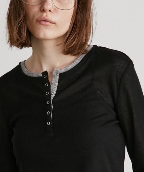 Auntie Rosa Holiday(アンティローザホリデー)の「シアーフライス配色ヘンリープルオーバー(Tシャツ/カットソー・レディース・ブラウン/ブラック/グレー・FREE)」の1枚目の写真