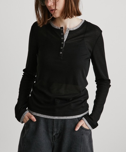 Auntie Rosa Holiday(アンティローザホリデー)の「シアーフライス配色ヘンリープルオーバー(Tシャツ/カットソー・レディース・ブラウン/ブラック/グレー・FREE)」の4枚目の写真