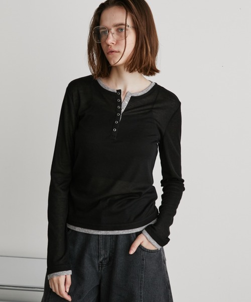 Auntie Rosa Holiday(アンティローザホリデー)の「シアーフライス配色ヘンリープルオーバー(Tシャツ/カットソー・レディース・ブラウン/ブラック/グレー・FREE)」の5枚目の写真