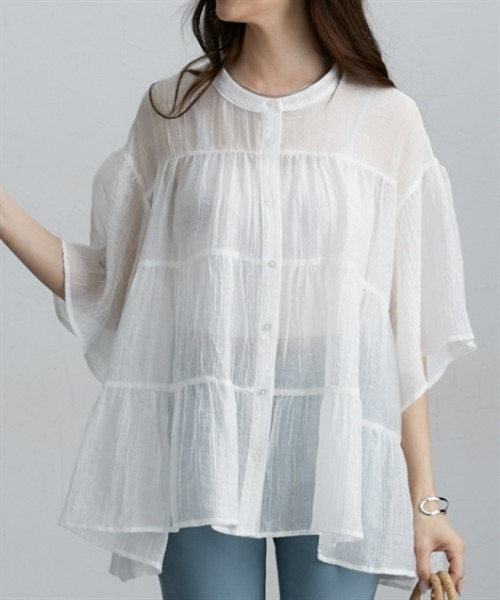 nissen（ニッセン）の「シアー素材半袖シャツ（シャツ/ブラウス・レディース・ミント/オフホワイト/ブラック・M/L/LL）」の4枚目の写真