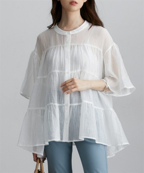 nissen（ニッセン）の「シアー素材半袖シャツ（シャツ/ブラウス・レディース・ミント/オフホワイト/ブラック・M/L/LL）」の5枚目の写真