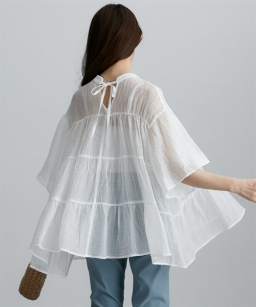 nissen（ニッセン）の「シアー素材半袖シャツ（シャツ/ブラウス・レディース・ミント/オフホワイト/ブラック・M/L/LL）」の6枚目の写真