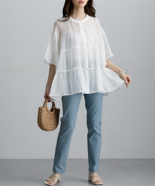 nissen（ニッセン）の「シアー素材半袖シャツ（シャツ/ブラウス・レディース・ミント/オフホワイト/ブラック・M/L/LL）」の7枚目の写真