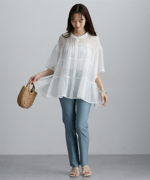 nissen（ニッセン）の「シアー素材半袖シャツ（シャツ/ブラウス・レディース・ミント/オフホワイト/ブラック・M/L/LL）」の8枚目の写真