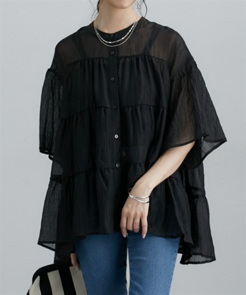 nissen（ニッセン）の「シアー素材半袖シャツ（シャツ/ブラウス・レディース・ミント/オフホワイト/ブラック・M/L/LL）」の10枚目の写真