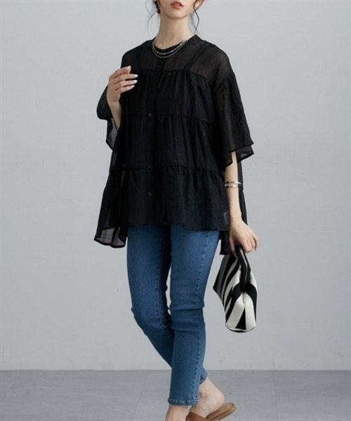 nissen（ニッセン）の「シアー素材半袖シャツ（シャツ/ブラウス・レディース・ミント/オフホワイト/ブラック・M/L/LL）」の12枚目の写真