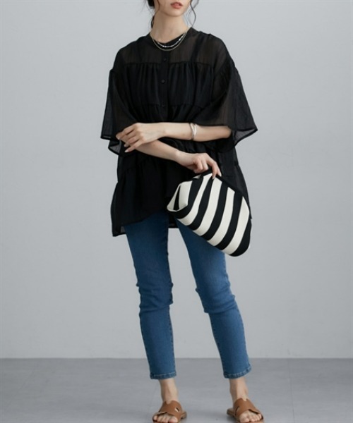 nissen（ニッセン）の「シアー素材半袖シャツ（シャツ/ブラウス・レディース・ミント/オフホワイト/ブラック・M/L/LL）」の13枚目の写真