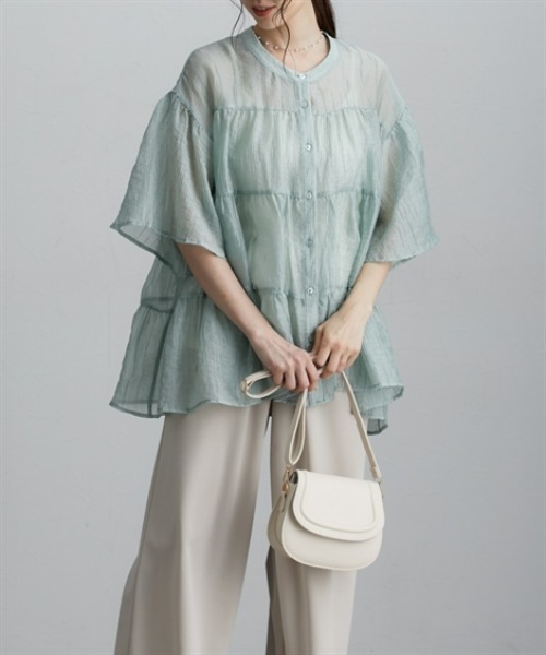 nissen（ニッセン）の「シアー素材半袖シャツ（シャツ/ブラウス・レディース・ミント/オフホワイト/ブラック・M/L/LL）」の14枚目の写真