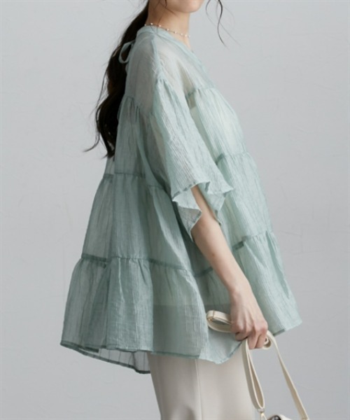 nissen（ニッセン）の「シアー素材半袖シャツ（シャツ/ブラウス・レディース・ミント/オフホワイト/ブラック・M/L/LL）」の15枚目の写真