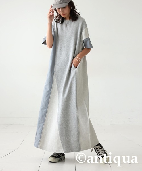 antiqua(アンティカ)の「3素材切替ドッキングAラインワンピース(ワンピース・レディース・ブラック/杢グレー・ONESIZE)」の2枚目の写真