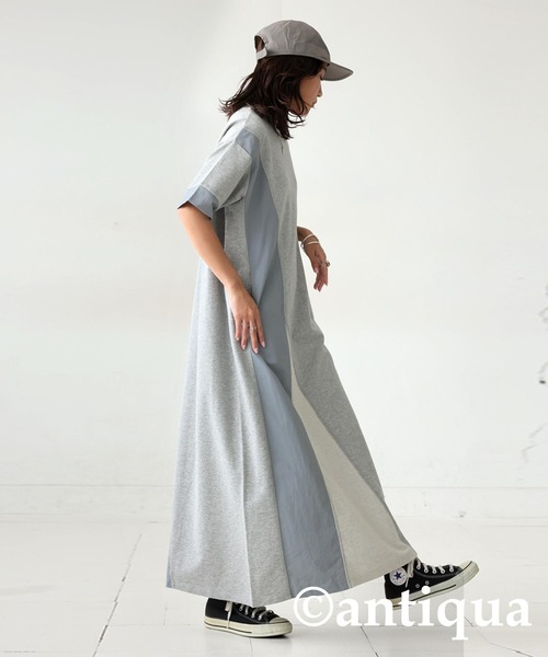 antiqua(アンティカ)の「3素材切替ドッキングAラインワンピース(ワンピース・レディース・ブラック/杢グレー・ONESIZE)」の4枚目の写真