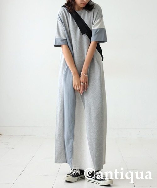 antiqua(アンティカ)の「3素材切替ドッキングAラインワンピース(ワンピース・レディース・ブラック/杢グレー・ONESIZE)」の6枚目の写真