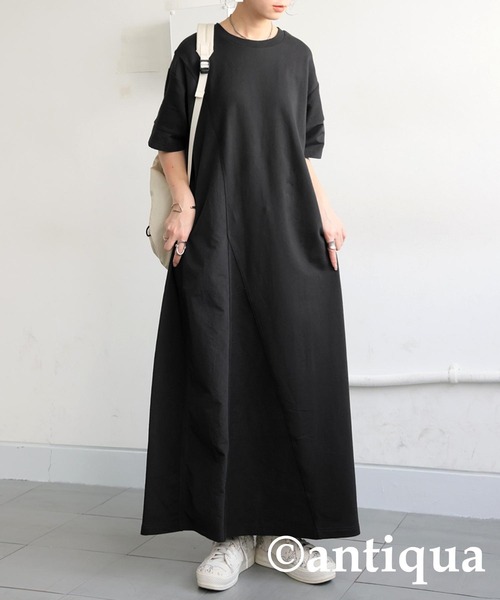 antiqua(アンティカ)の「3素材切替ドッキングAラインワンピース(ワンピース・レディース・ブラック/杢グレー・ONESIZE)」の3枚目の写真