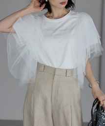 ボリュームフリルチュールスリーブTシャツ