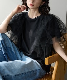 ボリュームフリルチュールスリーブTシャツ