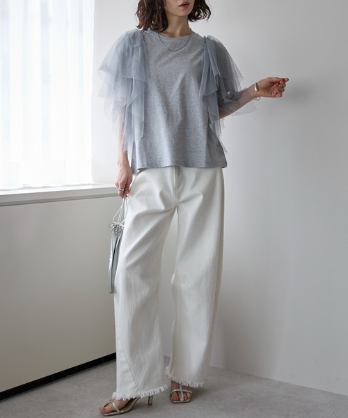 each（イーチ）の「ボリュームフリルチュールスリーブTシャツ（Tシャツ/カットソー・レディース・ブラック/グレー/ホワイト・FREE）」の6枚目の写真