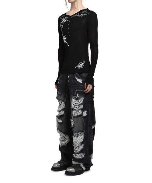 トップス Jaded London INES BLACK HENLEY TOP Ines Waffle White Long Sleeve Tee | Jaded London | Clothing