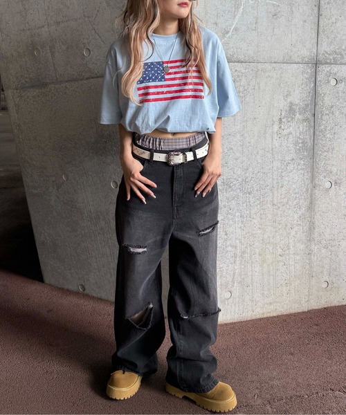 sedacle（セダクル）の「スタッズ付きフラッグTシャツ（Tシャツ/カットソー・レディース・チャコールグレー/オフホワイト/ライトブルー・SMALL/MEDIUM/LARGE）」の13枚目の写真