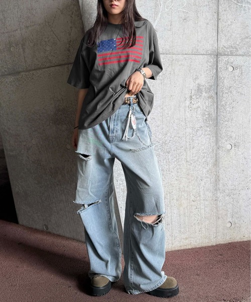 sedacle（セダクル）の「スタッズ付きフラッグTシャツ（Tシャツ/カットソー・レディース・チャコールグレー/オフホワイト/ライトブルー・SMALL/MEDIUM/LARGE）」の21枚目の写真