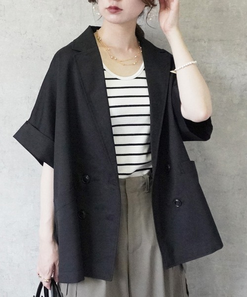 SELECT LEVERY(セレクトリベリー)の「リネンタッチ半袖テーラージャケット(テーラードジャケット・レディース・アイボリー/ベージュ/ブラック/ブラウン・FREE)」の1枚目の写真