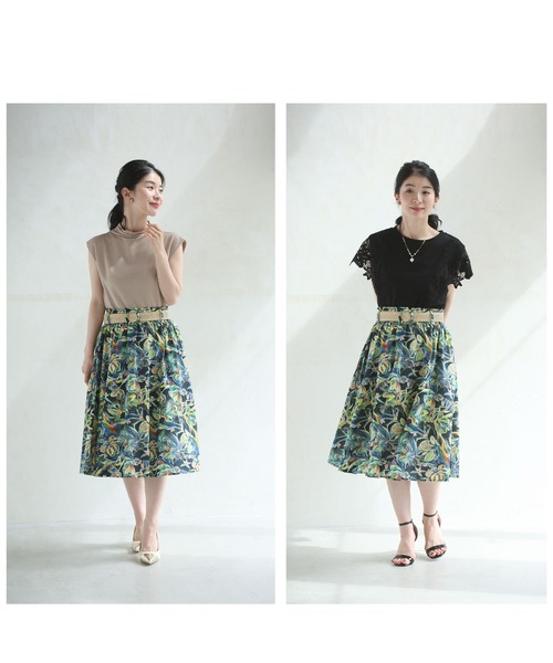 cawaii（カワイイ）の「色彩豊かに描くボタニカル柄ミディアムスカート（ベルト付き）（スカート・レディース・グリーン・FREE）」の10枚目の写真