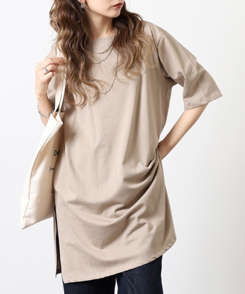atONE（アットワン）の「５分袖サイドスリットロングTシャツ（Tシャツ/カットソー・レディース・カーキ/オフホワイト/ブラック/モカ/グレイッシュベージュ・F）」の18枚目の写真