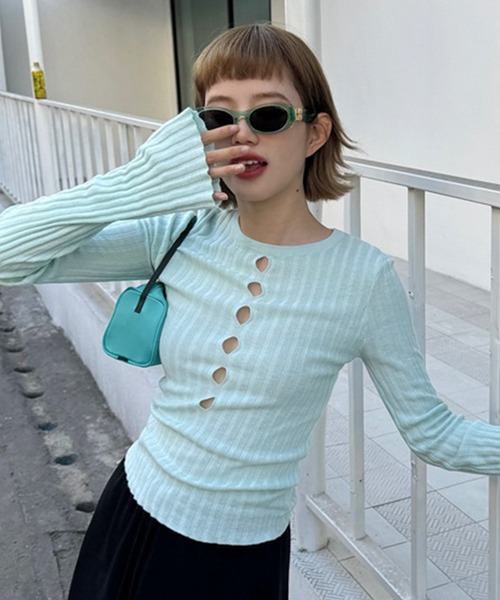 リブ 穴あき フロントカット デザインリブニット culw847（Tシャツ