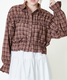 《ギャザー×クロップド丈》レディース チェックシャツ フリル 長袖 春秋冬