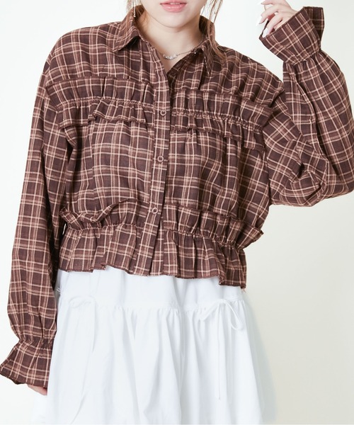 GORGE(ゴージ)の「《ギャザー×クロップド丈》レディース チェックシャツ フリル 長袖 春秋冬(シャツ/ブラウス・レディース・ブラック/レッド/ブラウン・F)」の1枚目の写真