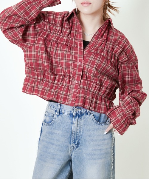 GORGE(ゴージ)の「《ギャザー×クロップド丈》レディース チェックシャツ フリル 長袖 春秋冬(シャツ/ブラウス・レディース・ブラック/レッド/ブラウン・F)」の3枚目の写真
