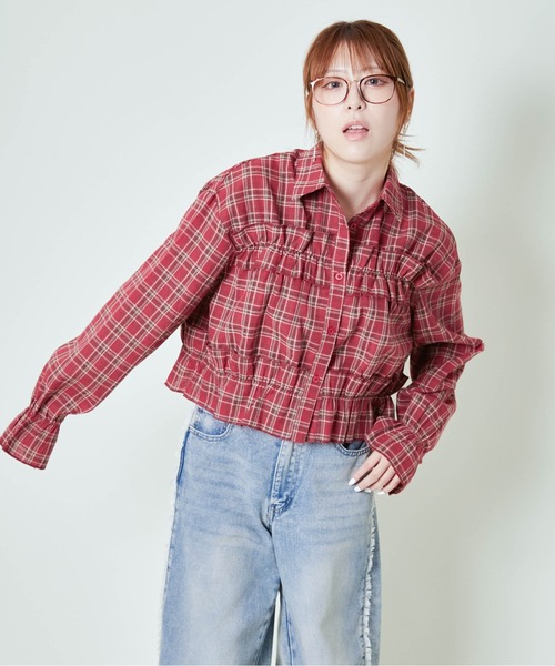 GORGE(ゴージ)の「《ギャザー×クロップド丈》レディース チェックシャツ フリル 長袖 春秋冬(シャツ/ブラウス・レディース・ブラック/レッド/ブラウン・F)」の5枚目の写真