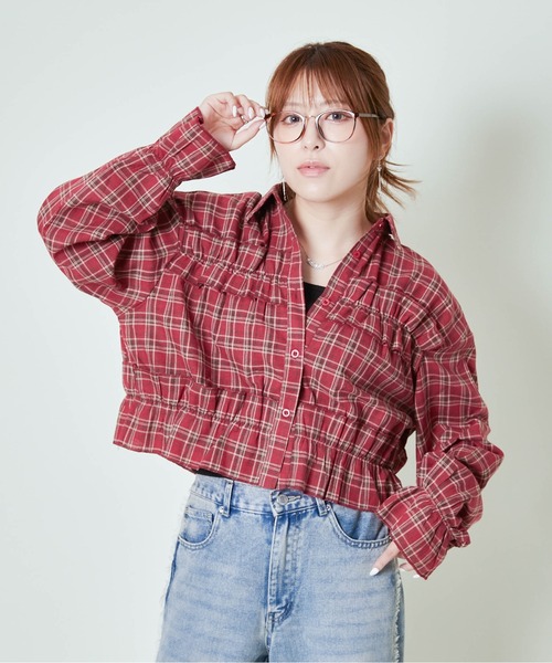 GORGE(ゴージ)の「《ギャザー×クロップド丈》レディース チェックシャツ フリル 長袖 春秋冬(シャツ/ブラウス・レディース・ブラック/レッド/ブラウン・F)」の6枚目の写真