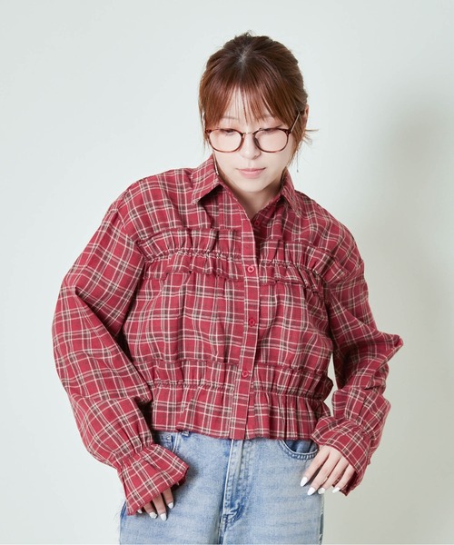 GORGE(ゴージ)の「《ギャザー×クロップド丈》レディース チェックシャツ フリル 長袖 春秋冬(シャツ/ブラウス・レディース・ブラック/レッド/ブラウン・F)」の7枚目の写真