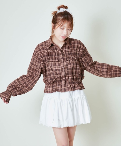 GORGE(ゴージ)の「《ギャザー×クロップド丈》レディース チェックシャツ フリル 長袖 春秋冬(シャツ/ブラウス・レディース・ブラック/レッド/ブラウン・F)」の12枚目の写真