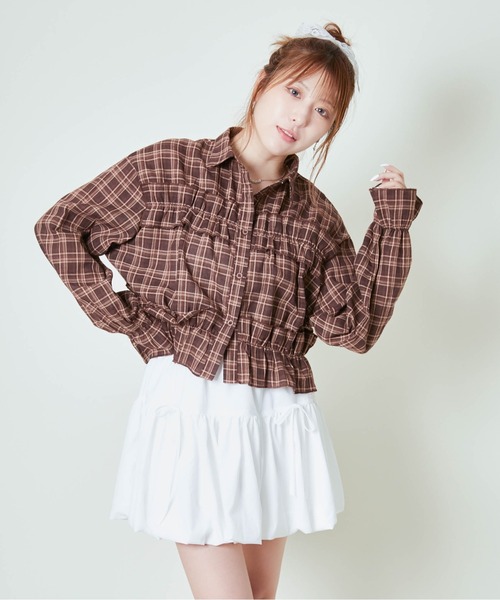 GORGE(ゴージ)の「《ギャザー×クロップド丈》レディース チェックシャツ フリル 長袖 春秋冬(シャツ/ブラウス・レディース・ブラック/レッド/ブラウン・F)」の13枚目の写真