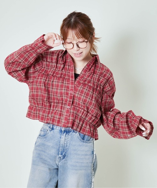 GORGE(ゴージ)の「《ギャザー×クロップド丈》レディース チェックシャツ フリル 長袖 春秋冬(シャツ/ブラウス・レディース・ブラック/レッド/ブラウン・F)」の16枚目の写真