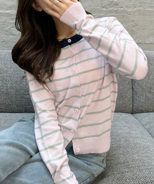 Ada.(エイダ)の「配色クルーネック ボーダーカーディガン(カーディガン/ボレロ・レディース・ベージュ×ブラック/グレー系その他/ピンク系その他・FREE)」の10枚目の写真