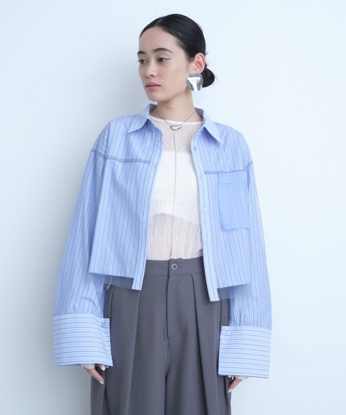 セール】【再入荷】チュールレイヤードビッグカフスストライプシャツ