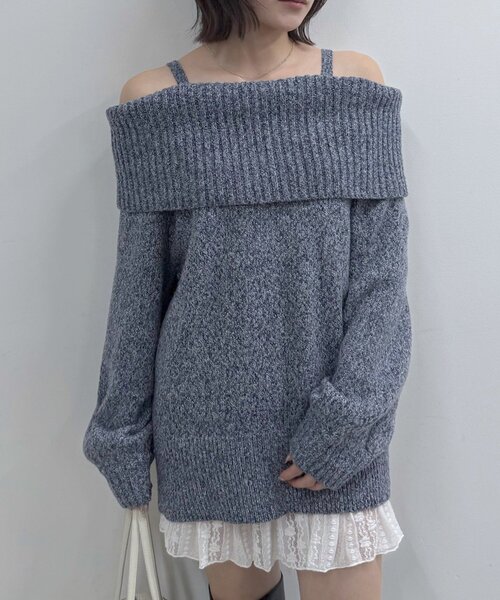 andmary オフショルダー グレー ニットワンピ mline]【大好評リバイバル！】オフショルミニニットワンピ（ニット