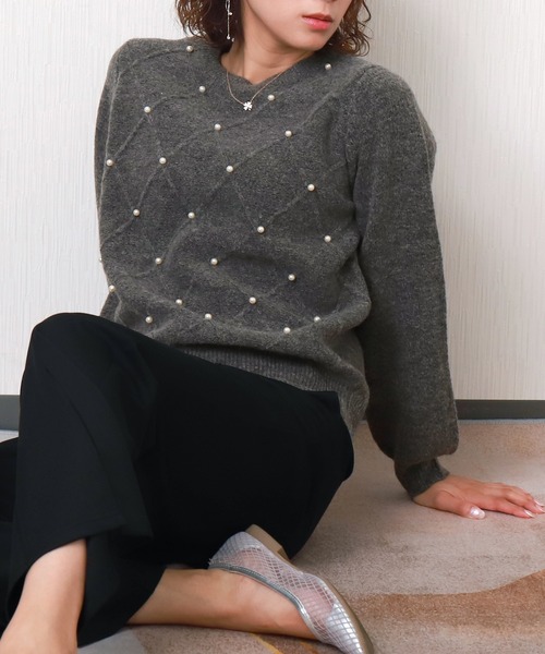 libelle more(リベル モア)の「パール付きダイヤ柄ニットプルオーバー(ニット/セーター・レディース・オフホワイト/チャコールグレー/ベージュ・M)」の15枚目の写真
