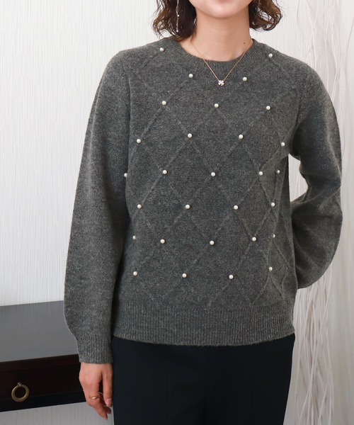 セール】パール付きダイヤ柄ニットプルオーバー（ニット/セーター