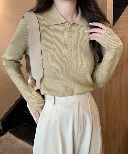 Miniministore(ミニミニストア)の「ポロリブニットトップス ベーシック春秋服(ニット/セーター・レディース・ブラック/ベージュ/グレー/アイボリー・FREE)」の4枚目の写真