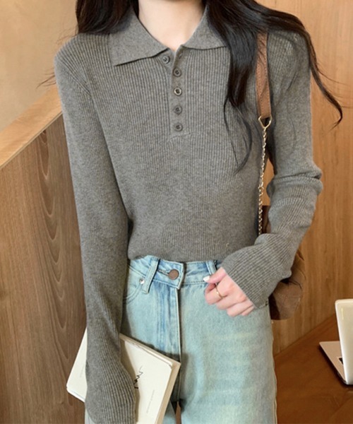 Miniministore(ミニミニストア)の「ポロリブニットトップス ベーシック春秋服(ニット/セーター・レディース・ブラック/ベージュ/グレー/アイボリー・FREE)」の3枚目の写真