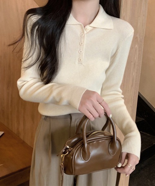 Miniministore(ミニミニストア)の「ポロリブニットトップス ベーシック春秋服(ニット/セーター・レディース・ブラック/ベージュ/グレー/アイボリー・FREE)」の2枚目の写真