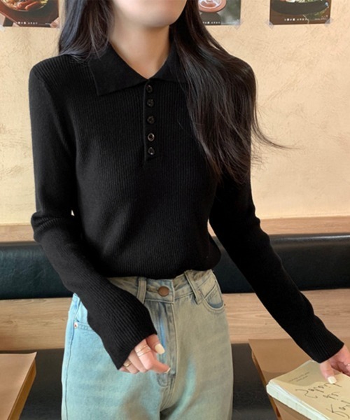 Miniministore(ミニミニストア)の「ポロリブニットトップス ベーシック春秋服(ニット/セーター・レディース・ブラック/ベージュ/グレー/アイボリー・FREE)」の1枚目の写真