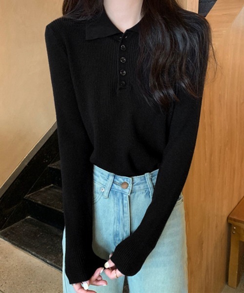 Miniministore(ミニミニストア)の「ポロリブニットトップス ベーシック春秋服(ニット/セーター・レディース・ブラック/ベージュ/グレー/アイボリー・FREE)」の5枚目の写真